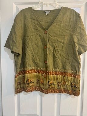 Vintage Stonebridge Bohemian Linen Safari Print Button-Front Top